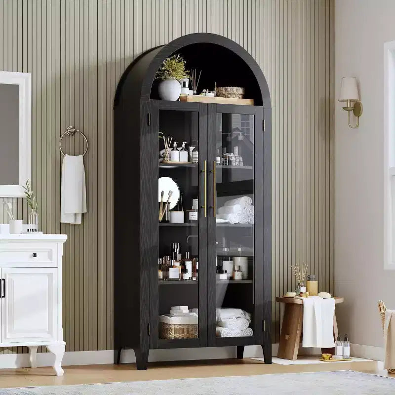 Dispensa a 5 ripiani ad arco, mobiletto rustico con ripiani regolabili e 2 ante in vetro, credenza per cucina, sala da pranzo, soggiorno