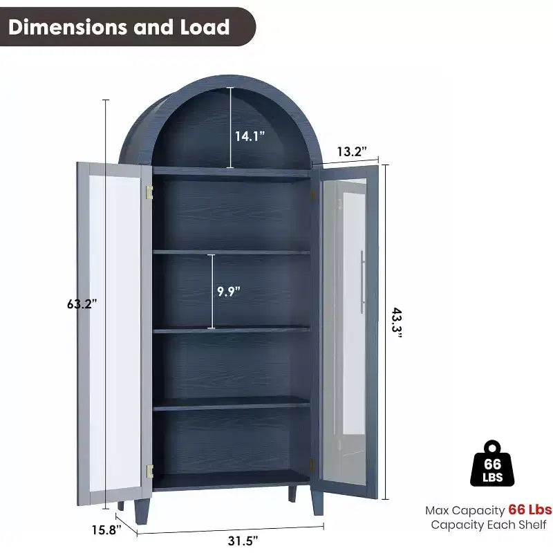 Dispensa a 5 ripiani ad arco, mobiletto rustico con ripiani regolabili e 2 ante in vetro, credenza per cucina, sala da pranzo, soggiorno