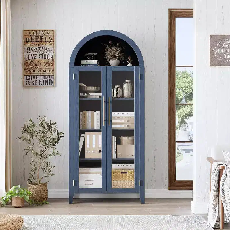 Dispensa a 5 ripiani ad arco, mobiletto rustico con ripiani regolabili e 2 ante in vetro, credenza per cucina, sala da pranzo, soggiorno