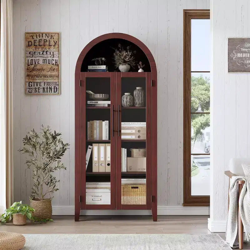 Dispensa a 5 ripiani ad arco, mobiletto rustico con ripiani regolabili e 2 ante in vetro, credenza per cucina, sala da pranzo, soggiorno
