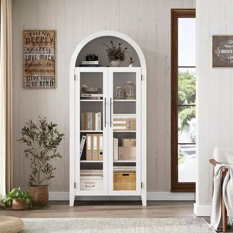 Dispensa a 5 ripiani ad arco, mobiletto rustico con ripiani regolabili e 2 ante in vetro, credenza per cucina, sala da pranzo, soggiorno