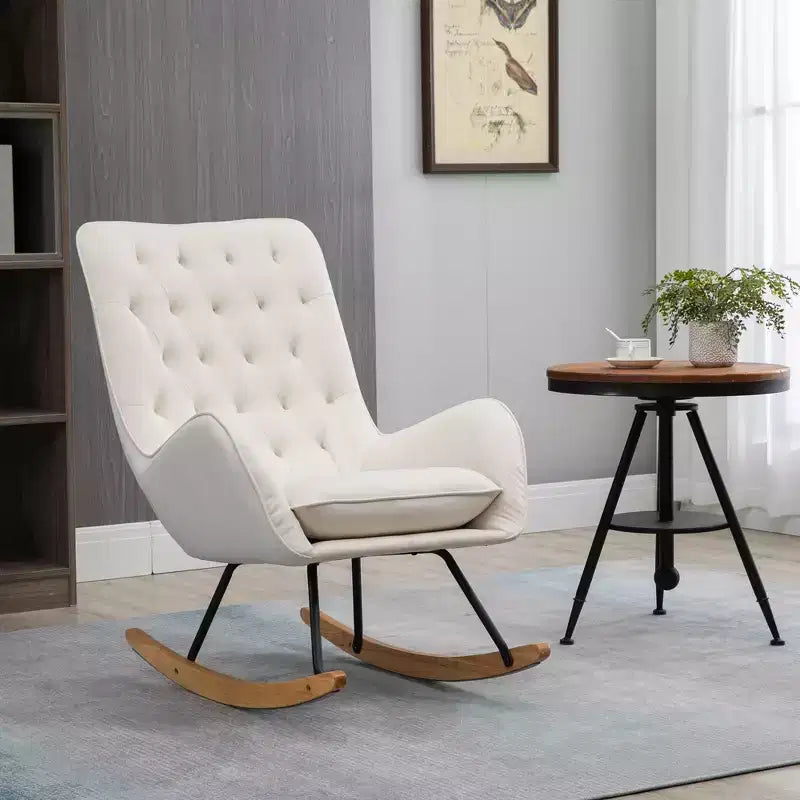Poltrona a dondolo imbottita in tessuto Mid-Century, divano poltrona a dondolo, sedia a dondolo imbottita con schienale alto, sedia d'accento con sedile imbottito, base in legno di gomma per Home Studio, camera da letto