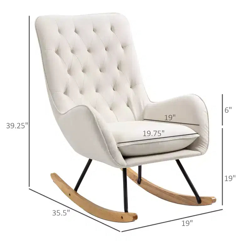 Poltrona a dondolo imbottita in tessuto Mid-Century, divano poltrona a dondolo, sedia a dondolo imbottita con schienale alto, sedia d'accento con sedile imbottito, base in legno di gomma per Home Studio, camera da letto