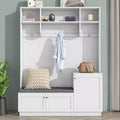 Okak Elegant Hall Tree with 3 Hooks and 3 Top Shelves, Freestanding Coat Rack with Shoe Cabinet and Cushion Bench, Coat Tree for Living Room, White