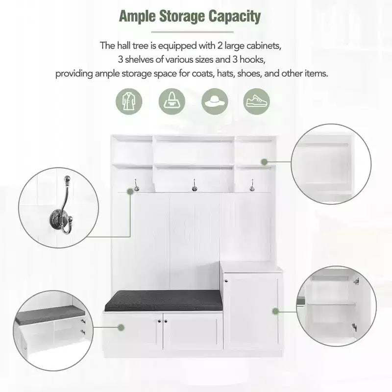 Okak Elegante Appendiabiti da Ingresso con 3 Ganci e 3 Ripiani Superiori, Appendiabiti Autoportante con Scarpiera e Panca Imbottita, Albero Appendiabiti per Soggiorno, Bianco