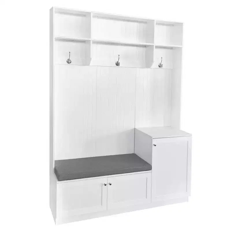 Okak Elegante Appendiabiti da Ingresso con 3 Ganci e 3 Ripiani Superiori, Appendiabiti Autoportante con Scarpiera e Panca Imbottita, Albero Appendiabiti per Soggiorno, Bianco