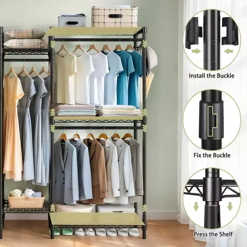 Appendiabiti da terra Okak Heavy Duty con 8 ripiani a filo regolabili, porta abiti a stelo con 5 aste appendiabiti, scaffale portaoggetti per camera da letto, nero