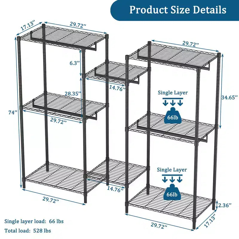Appendiabiti da terra Okak Heavy Duty con 8 ripiani a filo regolabili, porta abiti a stelo con 5 aste appendiabiti, scaffale portaoggetti per camera da letto, nero