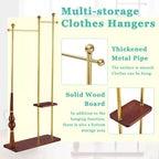 Appendiabiti da ingresso Okak con ripiani in legno e struttura in acciaio inossidabile, appendiabiti industriale dal design elegante, appendiabiti per soggiorno, camera da letto, oro