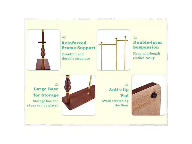 Appendiabiti da ingresso Okak con ripiani in legno e struttura in acciaio inossidabile, appendiabiti industriale dal design elegante, appendiabiti per soggiorno, camera da letto, oro