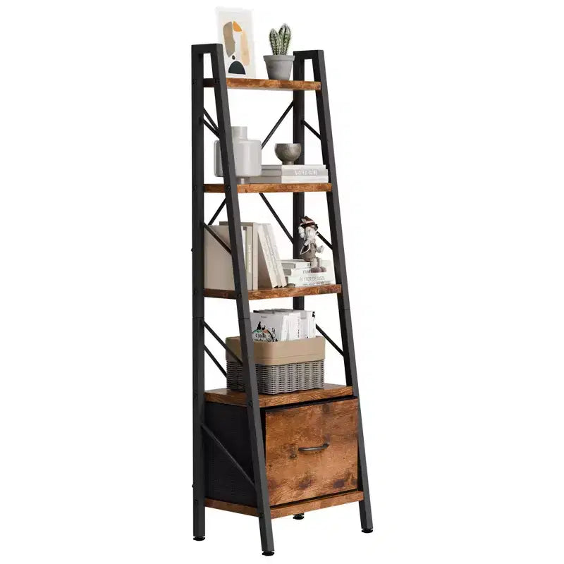 Celebalcony Libreria a Scala a 5 Ripiani con Cassetto, Scaffali angolari Moderni con Contenitore per CD/Libri/Film, Libreria per Casa/Ufficio, Marrone Rustico