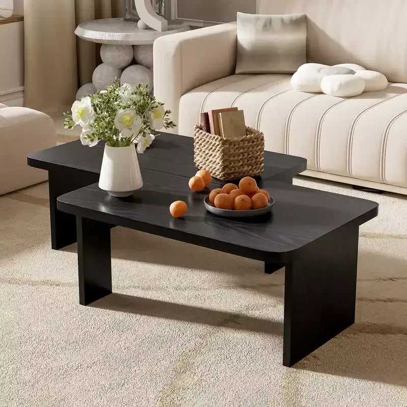 Rectangle Coffee Table Set of 2, Minimalist Wood Center Table with Splicing Design for Living Room