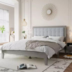 Bellemave Queen Upholstered Platform Bed with Headboard,solid wood Upholstered Platform Bed frame for bedroom,Gray