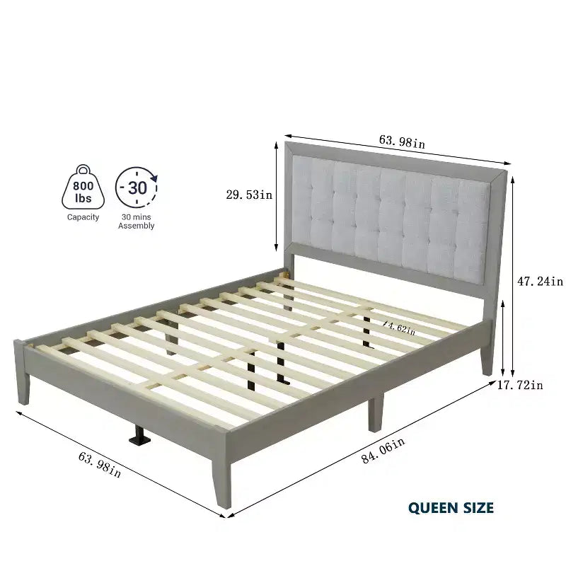 Bellemave Letto a piattaforma Queen imbottito con testiera, struttura del letto a piattaforma imbottita in legno massello per camera da letto, grigio
