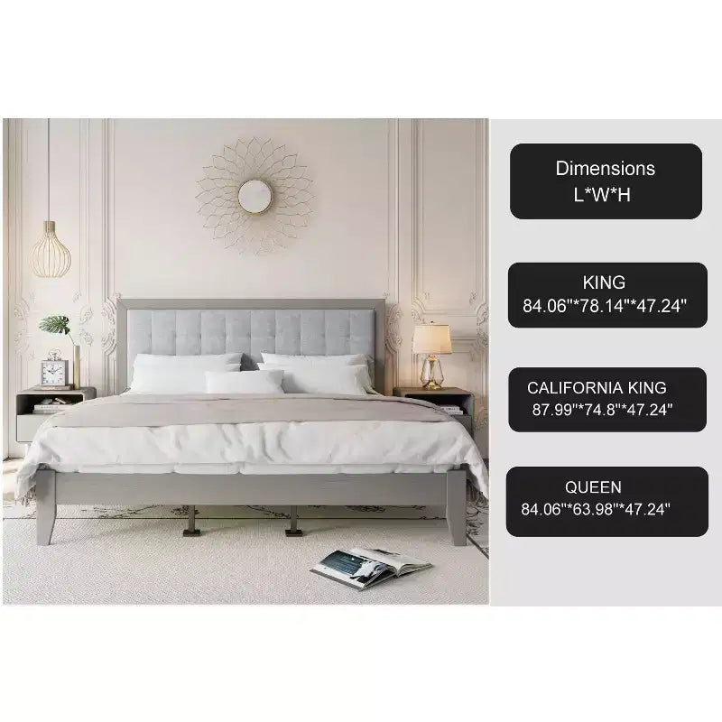 Bellemave Letto a piattaforma Queen imbottito con testiera, struttura del letto a piattaforma imbottita in legno massello per camera da letto, grigio