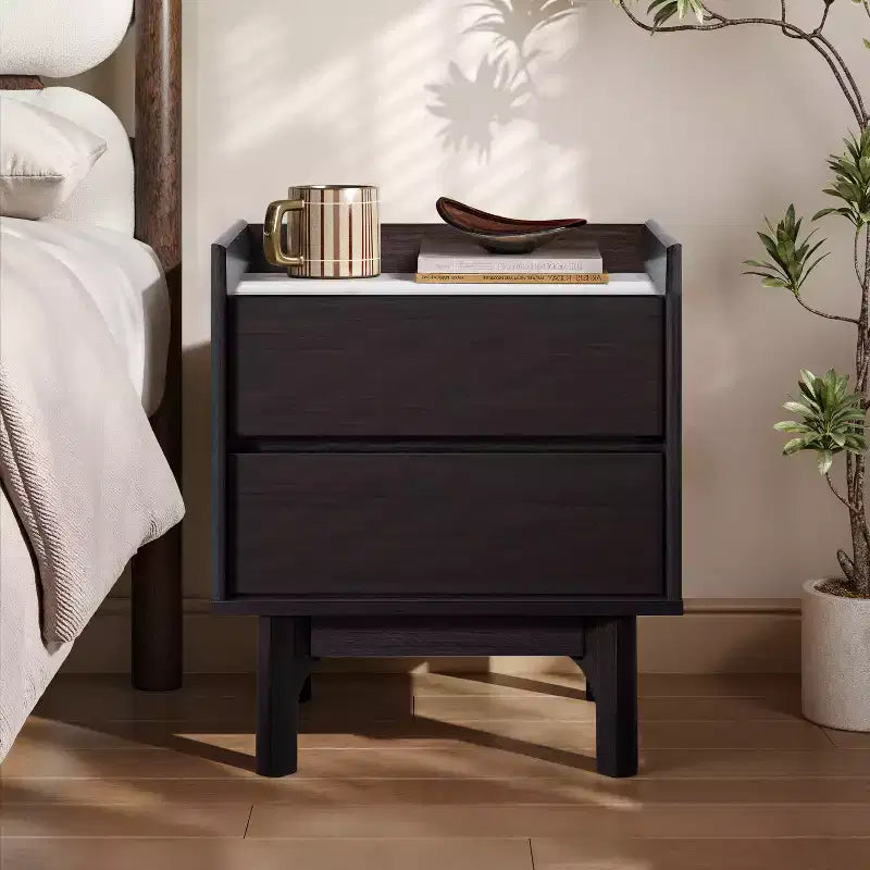 LuxenHome Comodino Moderno con Piano Effetto Marmo, Comodino 23 Wengé Nero con Cassetto Marrone
