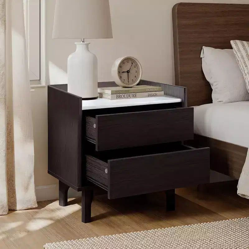 LuxenHome Comodino Moderno con Piano Effetto Marmo, Comodino 23 Wengé Nero con Cassetto Marrone