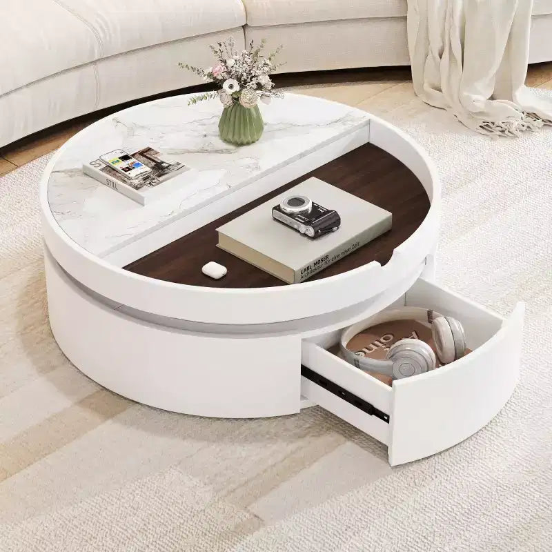 29,5 Tavolino da Caffè Rotondo Moderno con Top Sollevabile e Contenitore, Tavolino Compatto per Soggiorni o Appartamenti Piccoli - Panipeachy