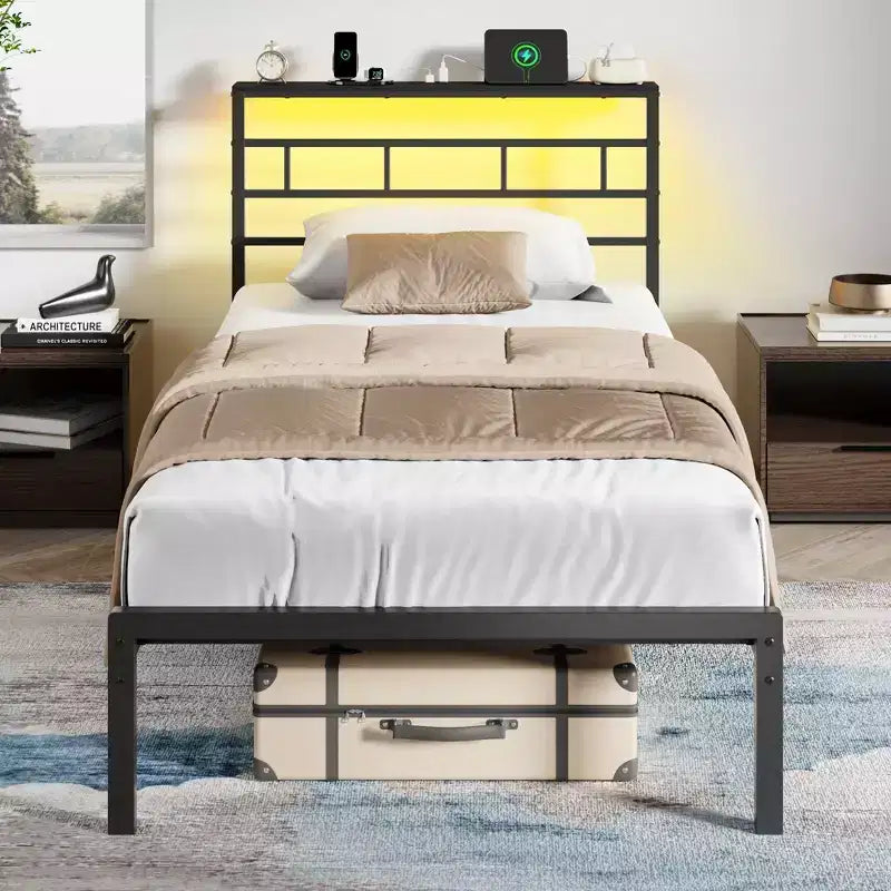 Modern Twin Bed Frame with LED Light Strip and Charging Station Black Metal Platform Mattress Foundation Storage Shelf Headboard No Box Spring Needed