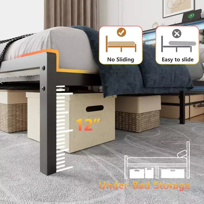 Struttura Letto Singolo Moderno con Striscia LED e Stazione di Ricarica, Base Materasso a Piattaforma in Metallo Nero, Ripiano Portaoggetti e Testiera, Nessuna Rete a Molle Necessaria