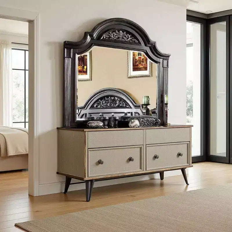 Royal Hampton Dresser Mirror, 49 Inch Carved Floral Walnut Brown Solid Wood