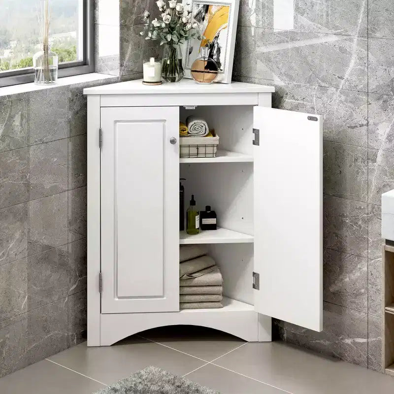 MAYEERTY Mobile da Bagno Angolare Bianco con Ripiani Regolabili Mobiletto a Terra