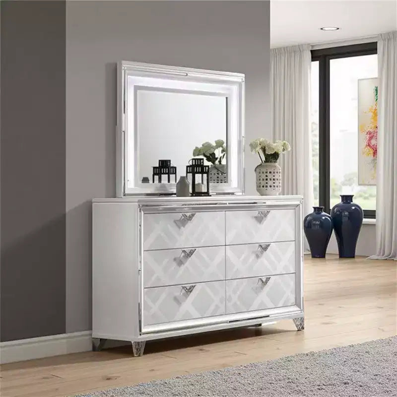 Royal Hampton Dresser Mirror with LED Lights, 47 Inch White Solid Wood Frame