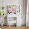 Vanity Desk with Sliding Mirror, Makeup Desk and Stool with Lights in 3 Colors, Girls Vanity Table with Charging Station for Bedroom