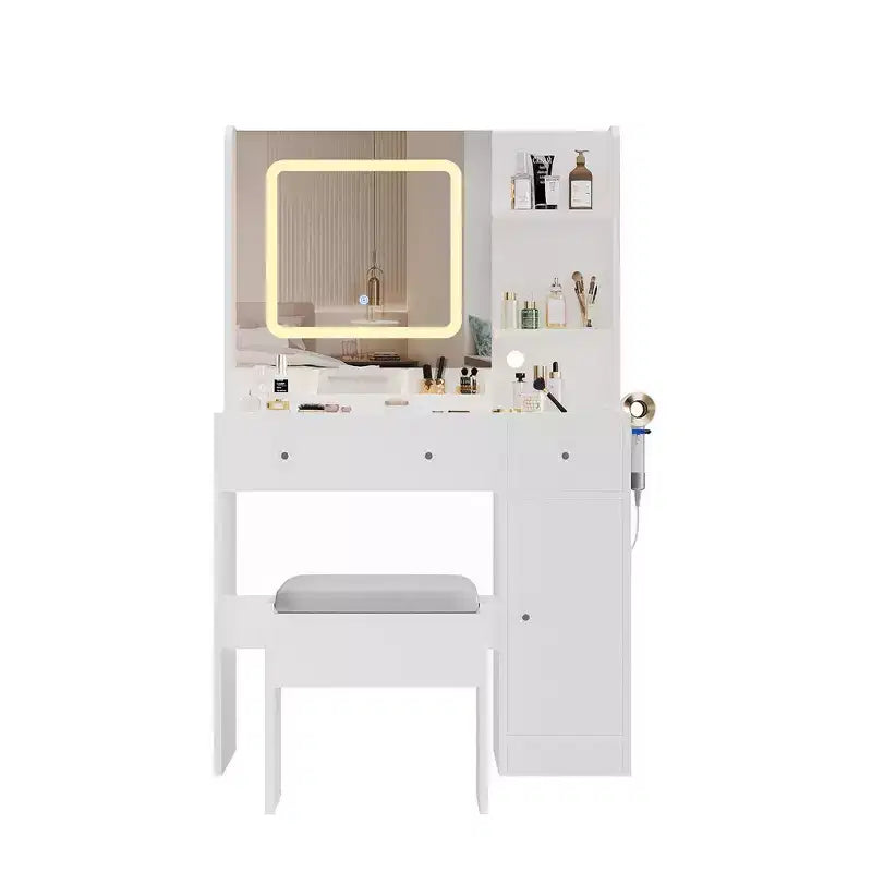 Toeletta con Specchio Scorrevole, Scrivania Trucco e Sgabello con Luci in 3 Colori, Tavolo da Trucco per Ragazze con Stazione di Ricarica per Camera da Letto