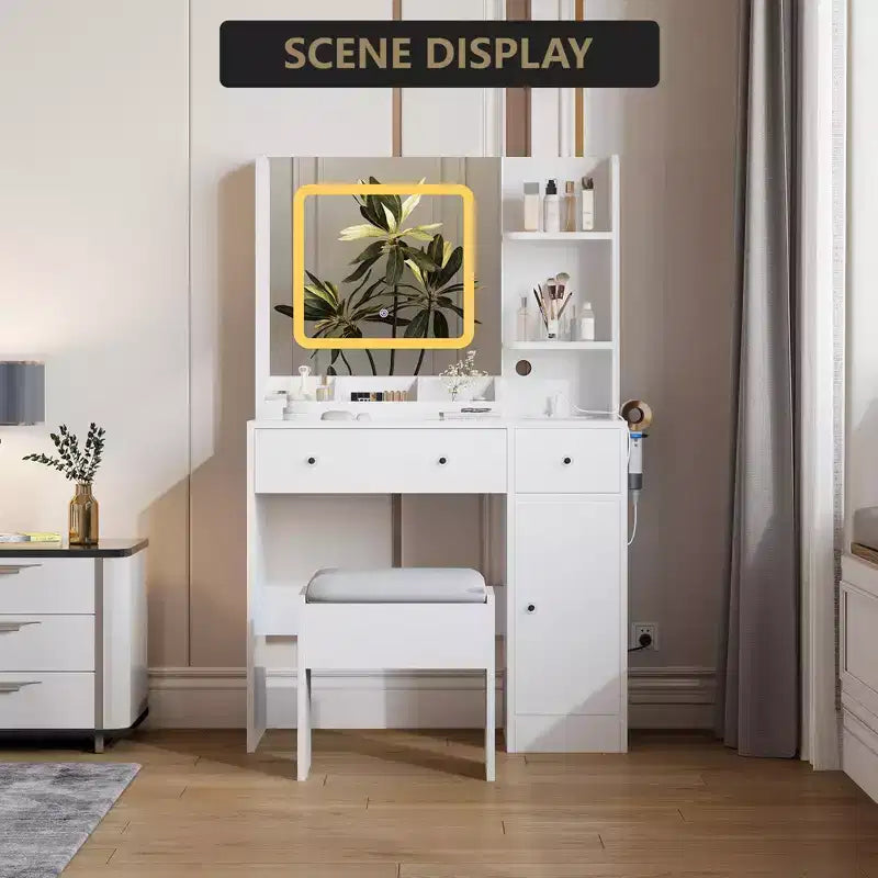 Toeletta con Specchio Scorrevole, Scrivania Trucco e Sgabello con Luci in 3 Colori, Tavolo da Trucco per Ragazze con Stazione di Ricarica per Camera da Letto