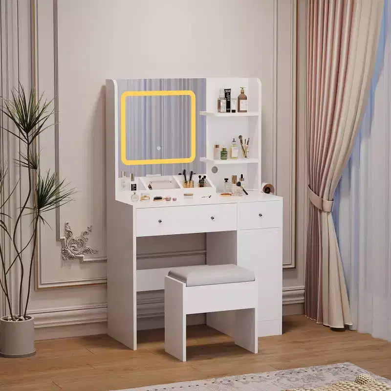 Toeletta con Specchio Scorrevole, Scrivania Trucco e Sgabello con Luci in 3 Colori, Tavolo da Trucco per Ragazze con Stazione di Ricarica per Camera da Letto