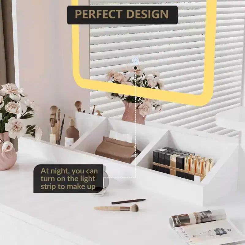 Toeletta con Specchio Scorrevole, Scrivania Trucco e Sgabello con Luci in 3 Colori, Tavolo da Trucco per Ragazze con Stazione di Ricarica per Camera da Letto