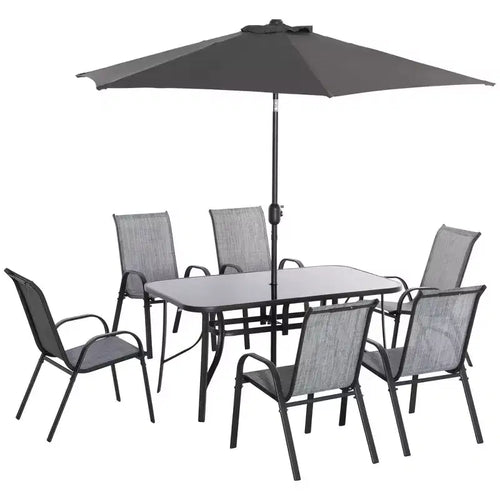 8 Pieces Patio Furniture Set with 9Ft Patio Umbrella, Outdoor Dining Table and Chairs, 6 Chairs, Push Button Tilt and Crank Parasol