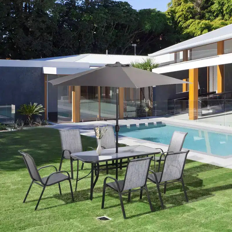 Set da 8 pezzi di mobili da giardino con ombrellone da 2,7 m, tavolo e sedie da pranzo per esterni, 6 sedie, parasole inclinabile e a manovella con pulsante