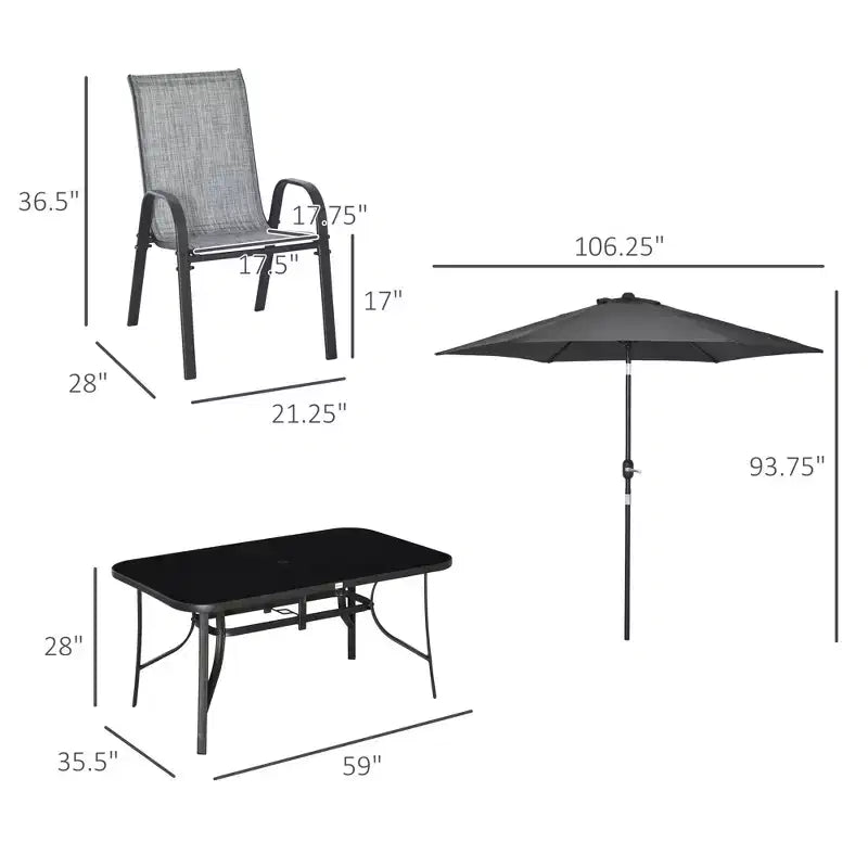 Set da 8 pezzi di mobili da giardino con ombrellone da 2,7 m, tavolo e sedie da pranzo per esterni, 6 sedie, parasole inclinabile e a manovella con pulsante