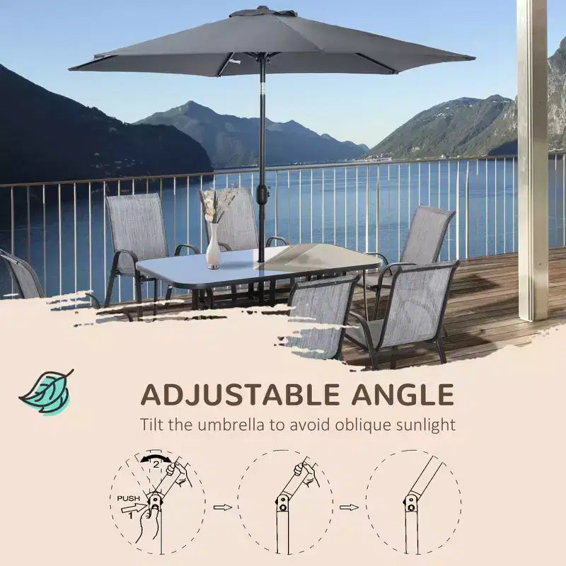 Set da 8 pezzi di mobili da giardino con ombrellone da 2,7 m, tavolo e sedie da pranzo per esterni, 6 sedie, parasole inclinabile e a manovella con pulsante