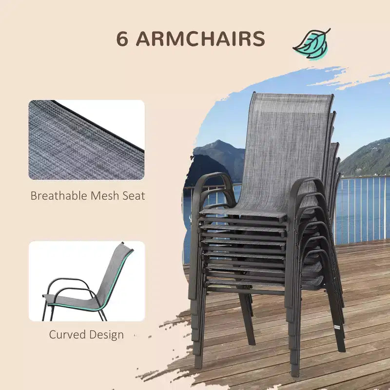 Set da 8 pezzi di mobili da giardino con ombrellone da 2,7 m, tavolo e sedie da pranzo per esterni, 6 sedie, parasole inclinabile e a manovella con pulsante