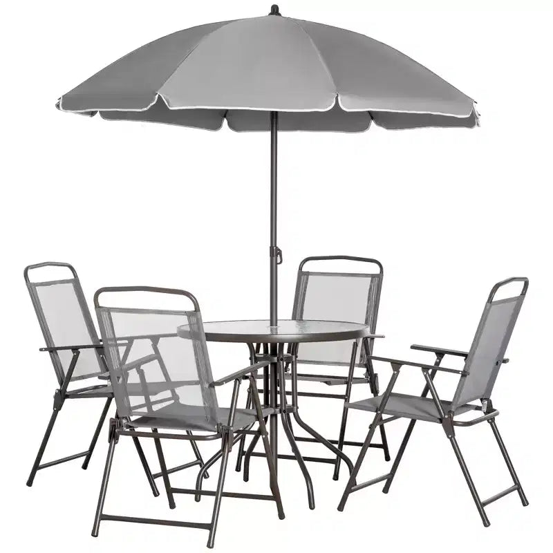6 Piece Patio Dining Set for 4 with Umbrella, with 4 Folding Dining Chairs & Round Glass Table for Garden