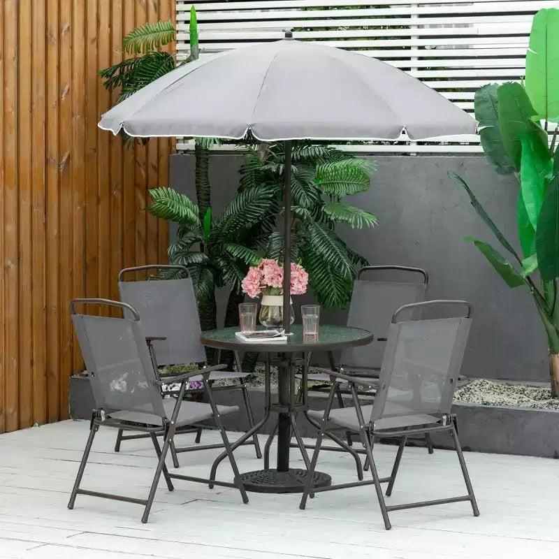 Set da pranzo da patio a 6 pezzi per 4 persone con ombrellone, con 4 sedie pieghevoli e tavolo rotondo in vetro per il giardino