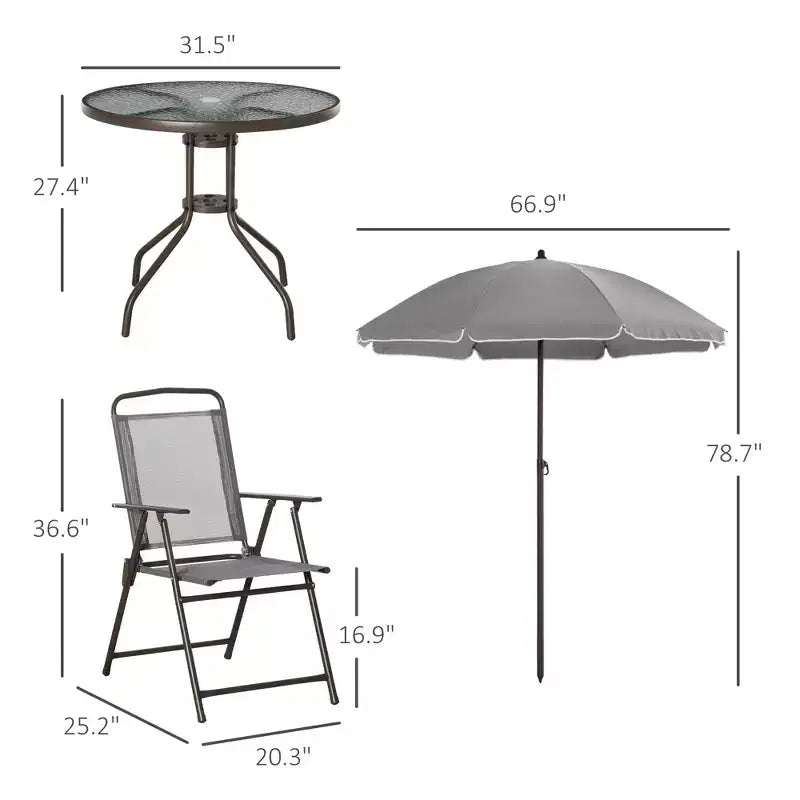 Set da pranzo da patio a 6 pezzi per 4 persone con ombrellone, con 4 sedie pieghevoli e tavolo rotondo in vetro per il giardino