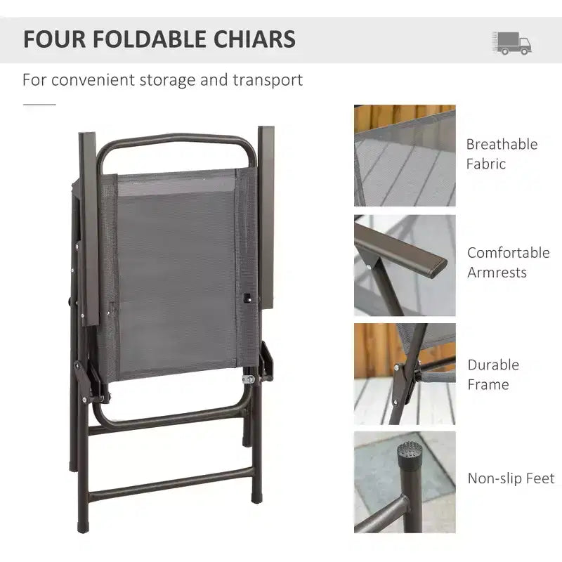 Set da pranzo da patio a 6 pezzi per 4 persone con ombrellone, con 4 sedie pieghevoli e tavolo rotondo in vetro per il giardino