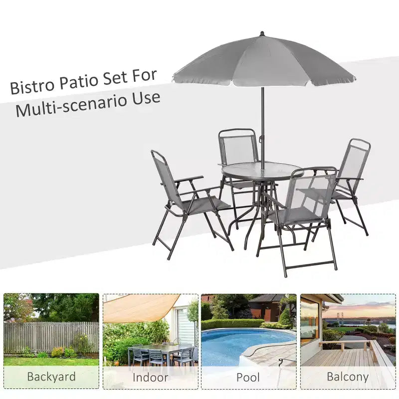 Set da pranzo da patio a 6 pezzi per 4 persone con ombrellone, con 4 sedie pieghevoli e tavolo rotondo in vetro per il giardino