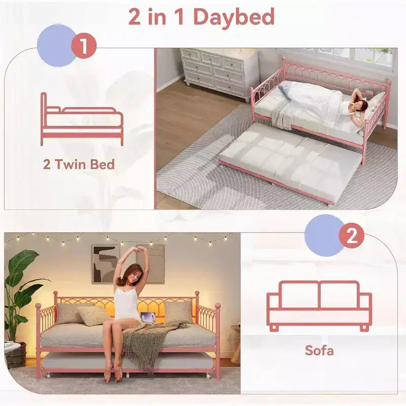 Letto a giorno in metallo matrimoniale con rotelle, Struttura letto divano con supporti a doghe in acciaio, Letto a rotelle singolo per piccoli spazi, camera da letto, appartamento