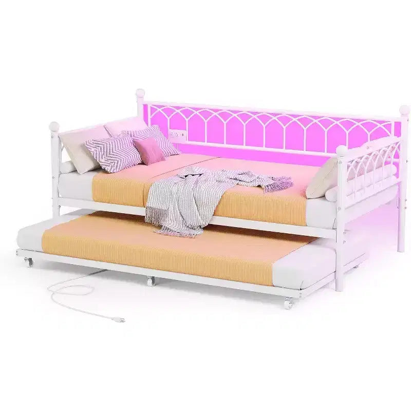 Letto a giorno in metallo matrimoniale con rotelle, Struttura letto divano con supporti a doghe in acciaio, Letto a rotelle singolo per piccoli spazi, camera da letto, appartamento