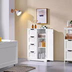 Mobiletto da terra in legno bianco con 4 cassetti e 1 anta, consolle freestanding per ingresso, organizer da bagno
