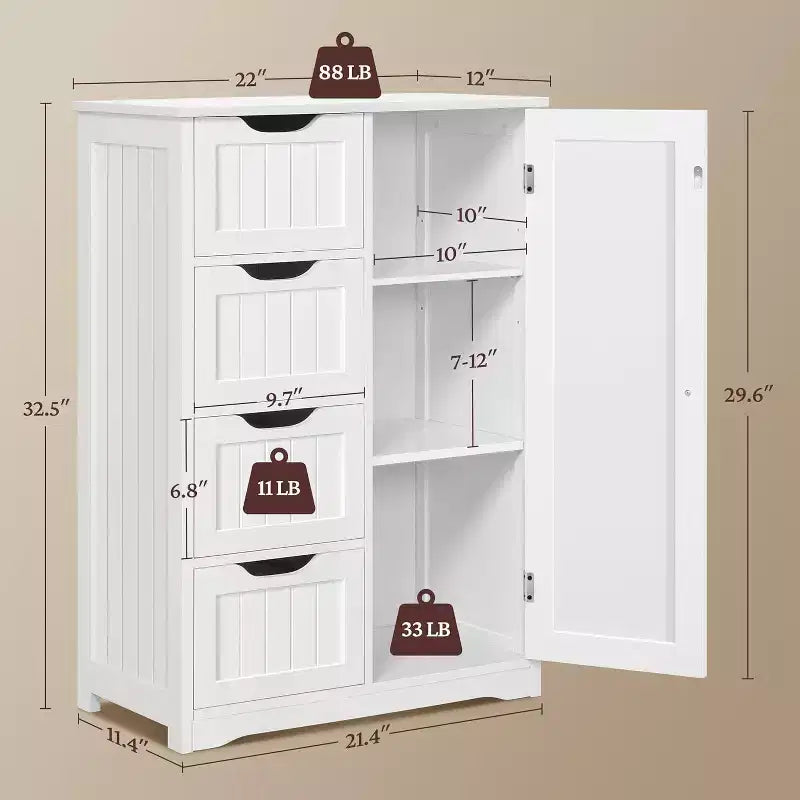 Mobiletto da terra in legno bianco con 4 cassetti e 1 anta, consolle freestanding per ingresso, organizer da bagno
