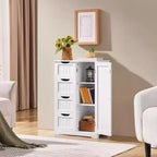 Mobiletto da terra in legno bianco con 4 cassetti e 1 anta, consolle freestanding per ingresso, organizer da bagno