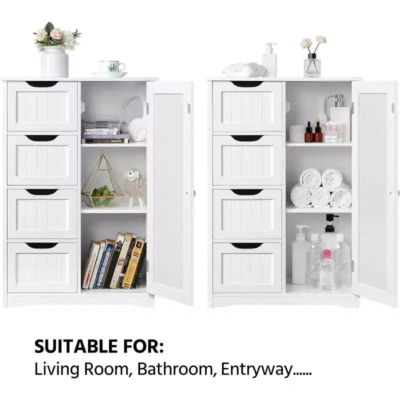 Mobiletto da terra in legno bianco con 4 cassetti e 1 anta, consolle freestanding per ingresso, organizer da bagno