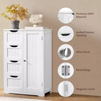 Mobiletto da terra in legno bianco con 4 cassetti e 1 anta, consolle freestanding per ingresso, organizer da bagno