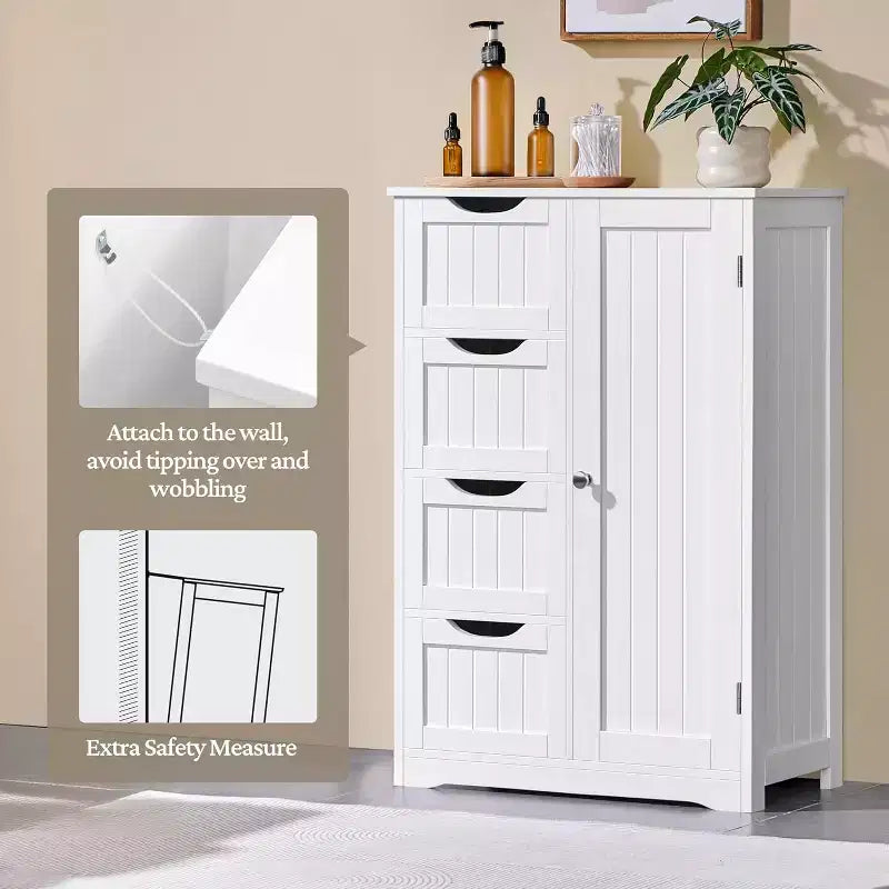 Mobiletto da terra in legno bianco con 4 cassetti e 1 anta, consolle freestanding per ingresso, organizer da bagno